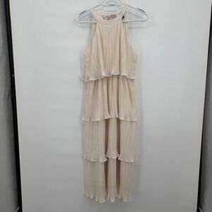 ZESICA‎ Cream Plisse Pleated Tiered Maxi Dress Halter Neck Back Tie Small
